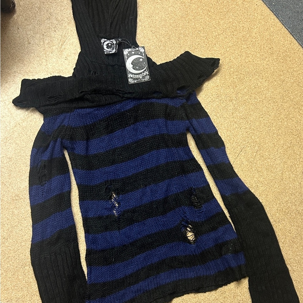 Killstar Black and Blue Off-the-Shoulder Sweater